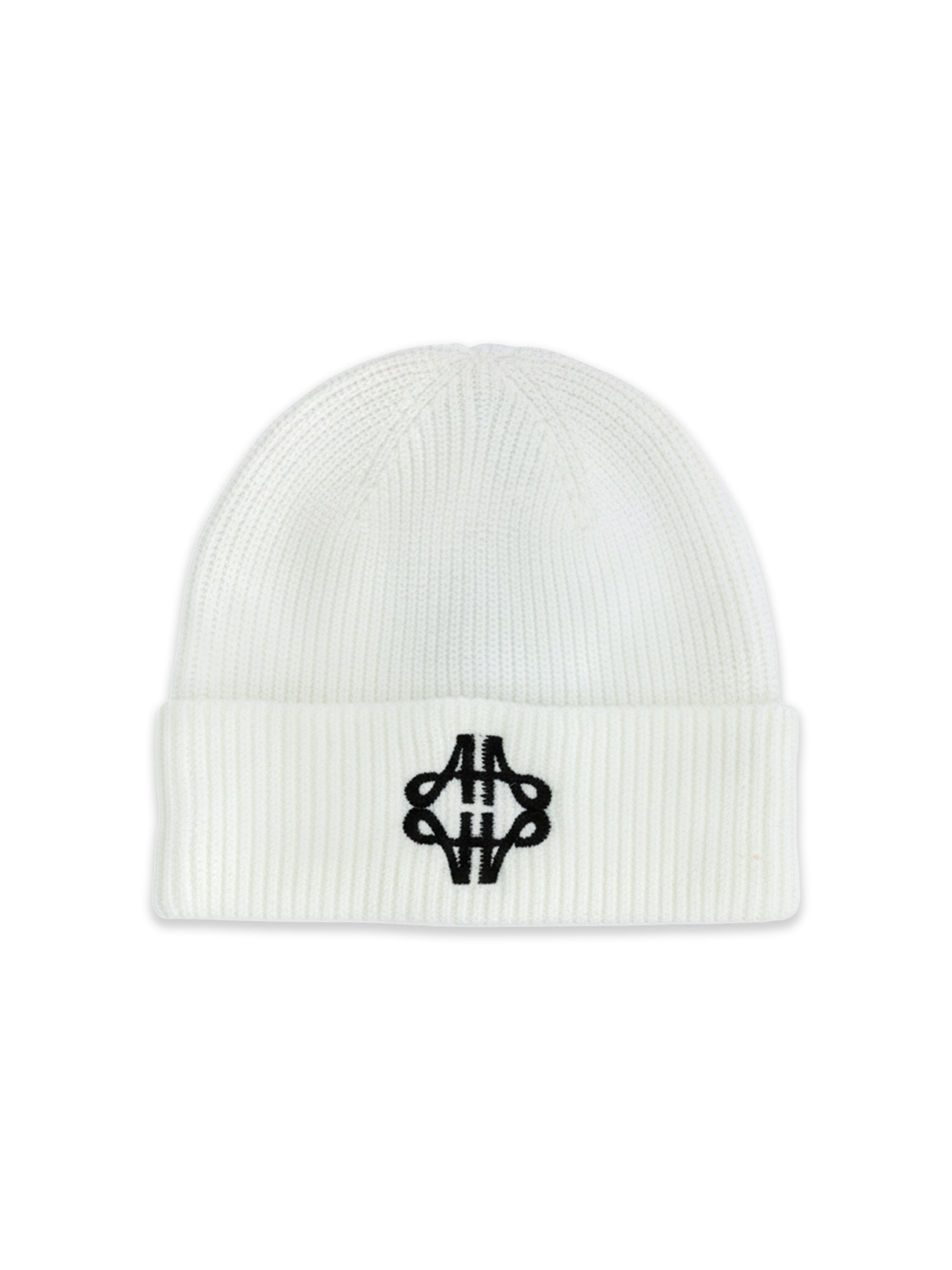 Fluffy Emblem White Knitted Beanie