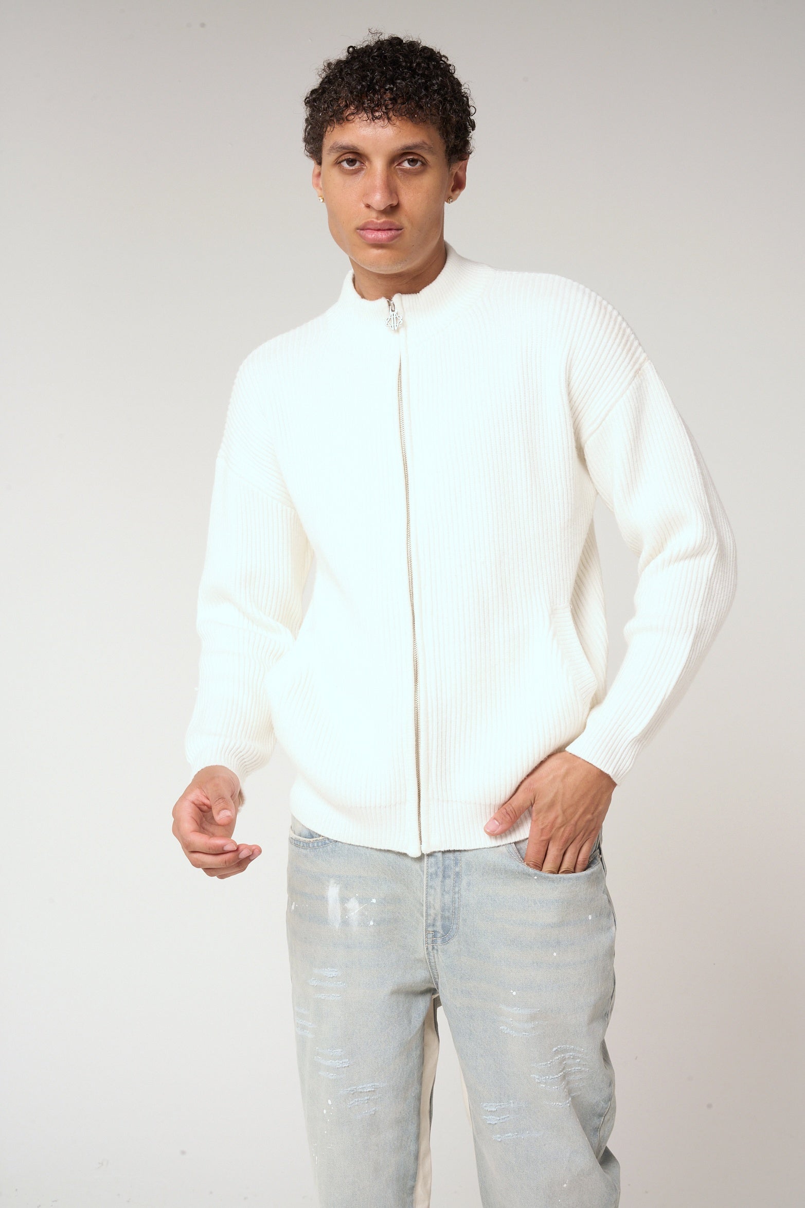 Mesa Ribbed Zip-Through Sweater White