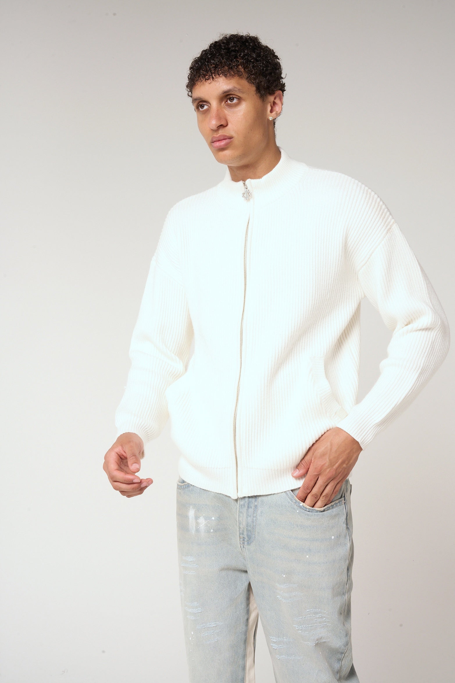 Mesa Ribbed Zip-Through Sweater White