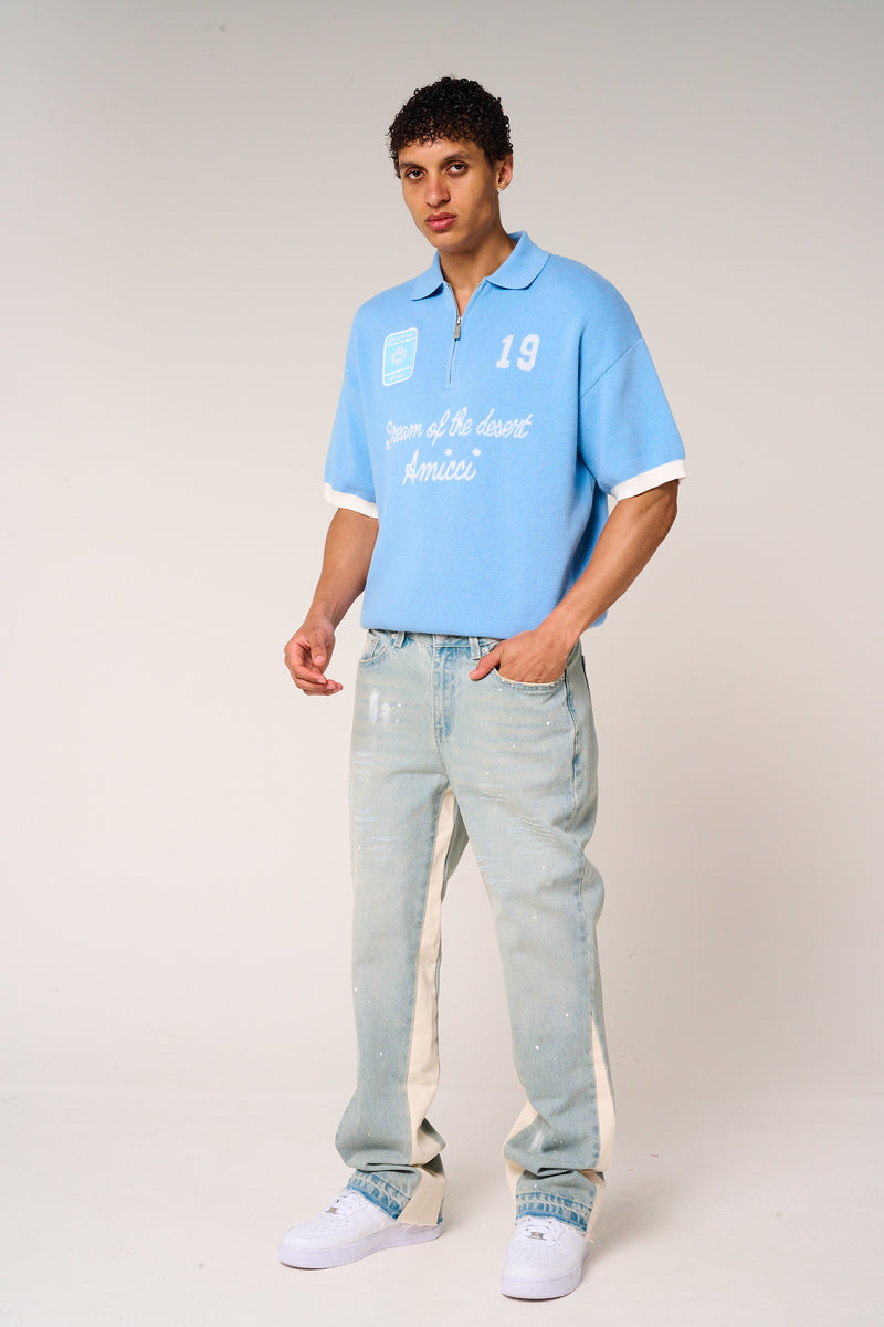 Reno Knitted Zip Polo Blue