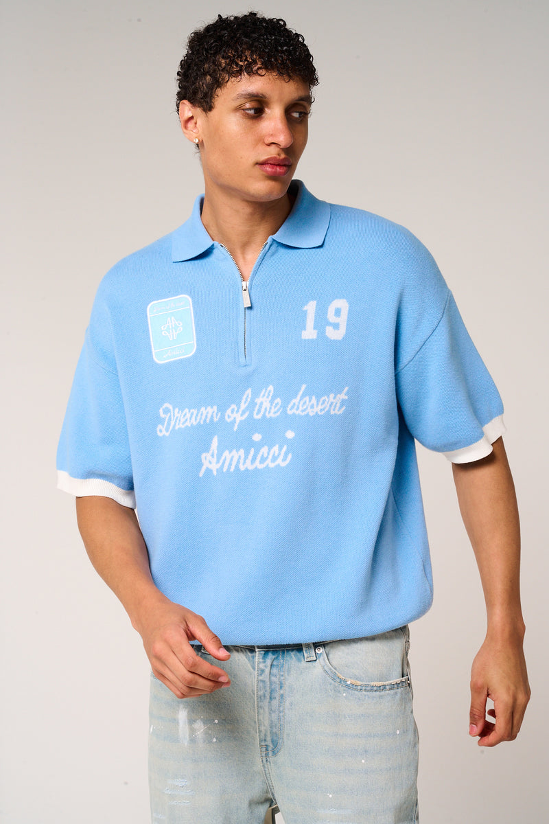Reno Knitted Zip Polo Blue