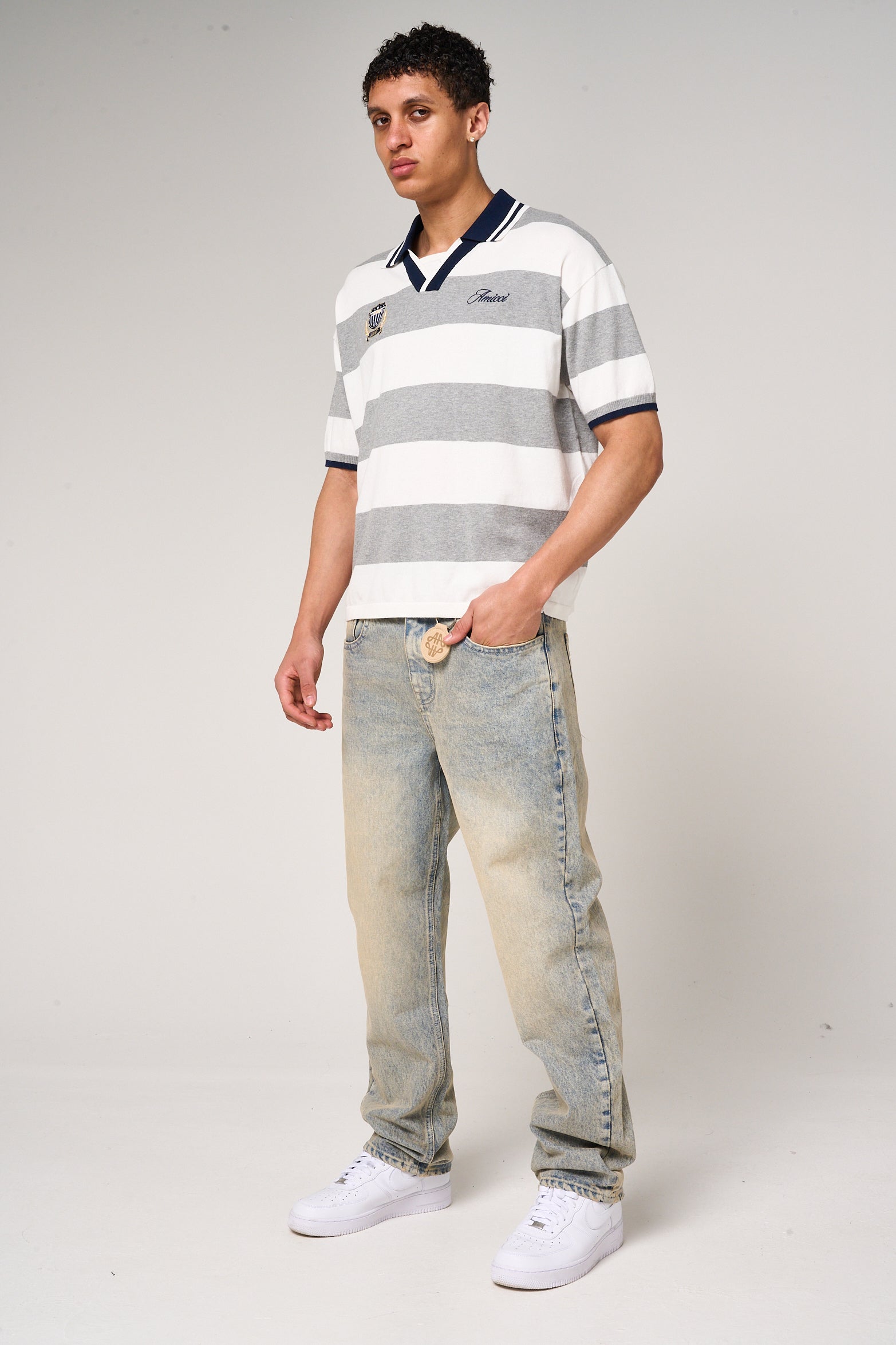 Avendia Striped Knitted Polo Grey