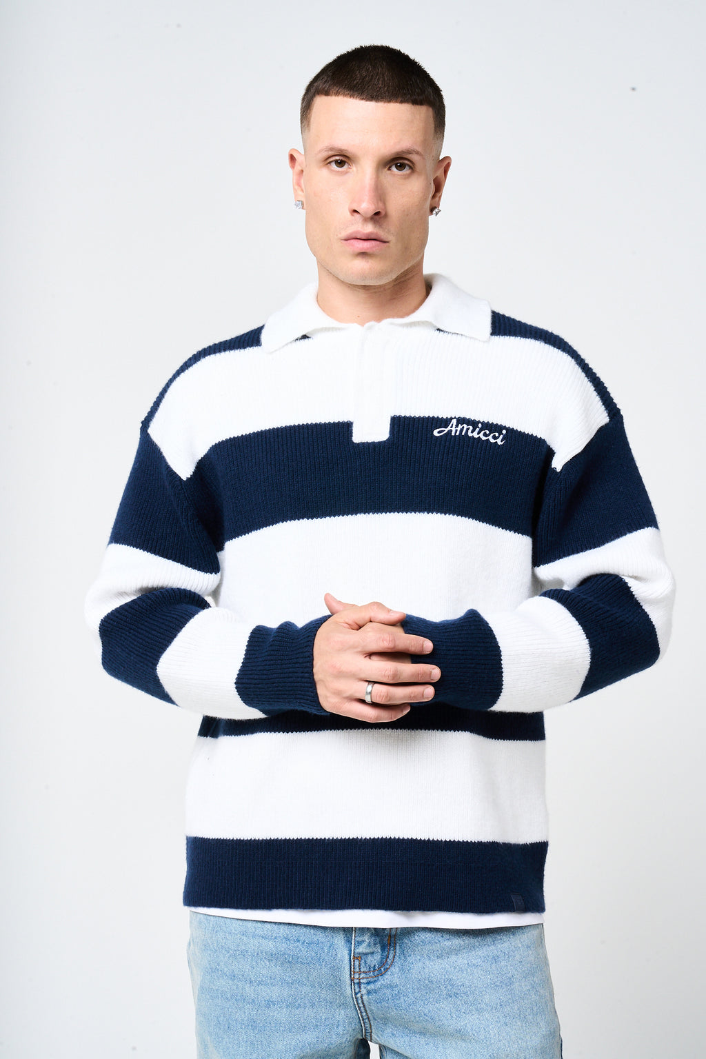 Awing Navy Striped Knitwear Sweatshirt