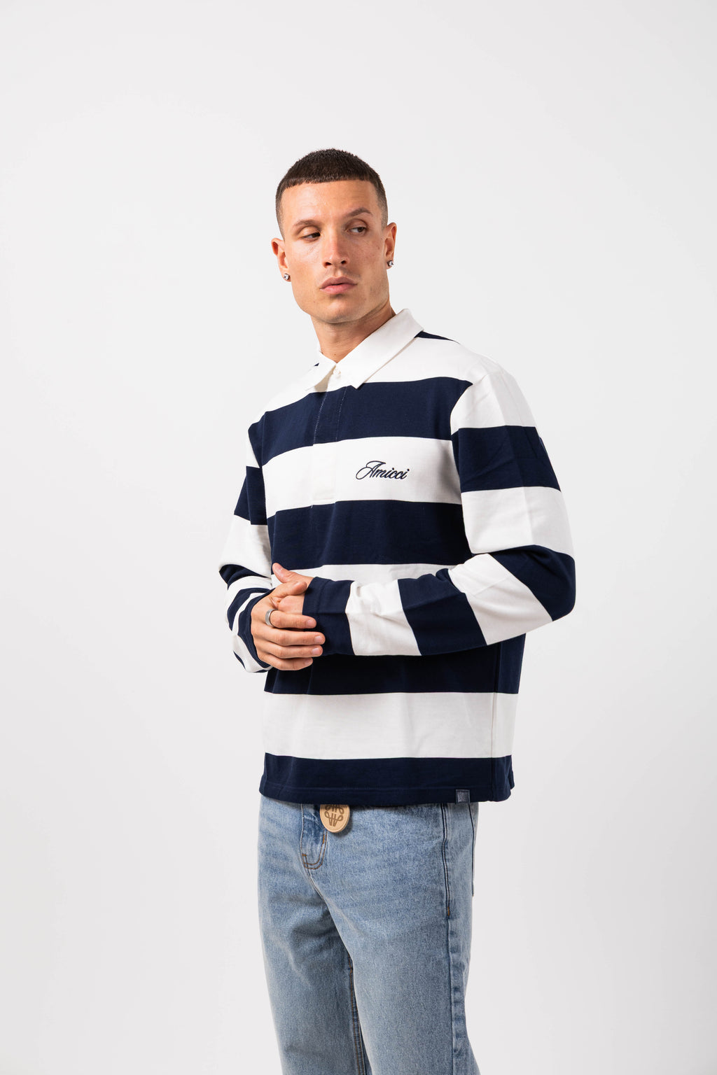 Amore Navy Striped Rugby Polo